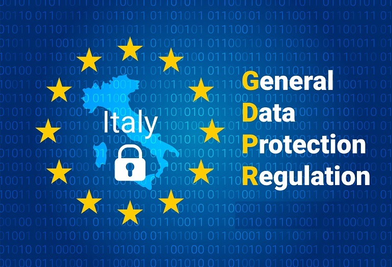 gdpr general data protection regulation. map of italy, eu flag. vector