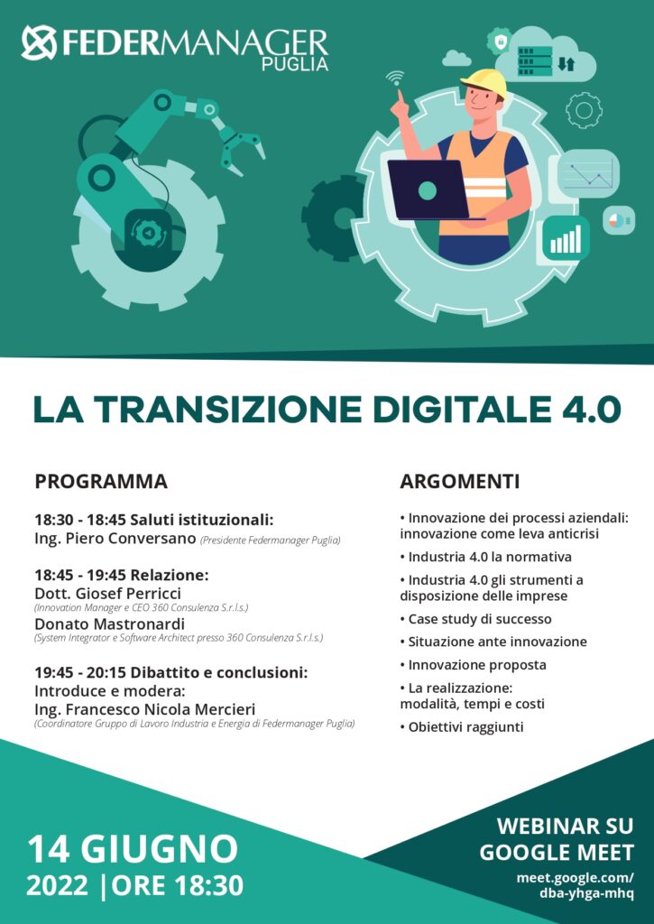 LA TRANSIZIONE DIGITALE 4.0 14 GIUGNO Locandina Webinar Federmanager Industria 40 Page 0001 725x1024